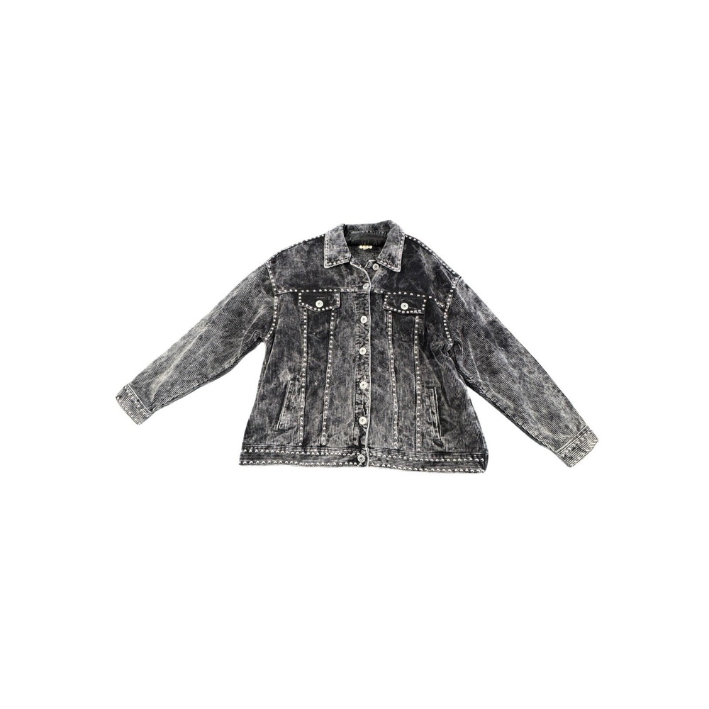 POL Womens M Studded Corduroy Jacket Black Gray Acid Wash Western Boho